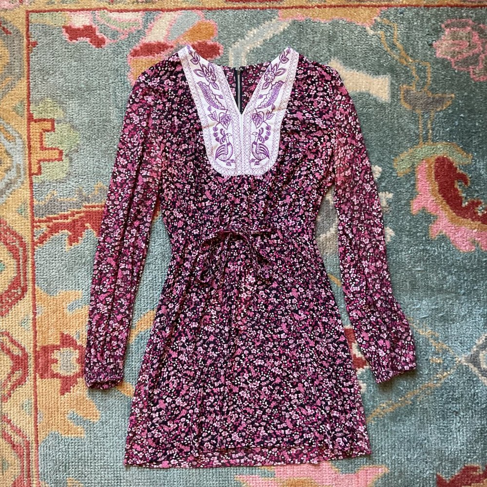 1960's floral embroidery mini dress long sleeve dress